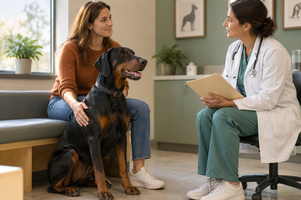 Owner and veterinary professional reviewing a document beside a black-and-tan dog